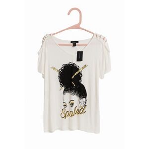 Ashley Stewart "Spoiled" Graphic Tee – Size 18/20, NWT, Shoulder Lattice Detail